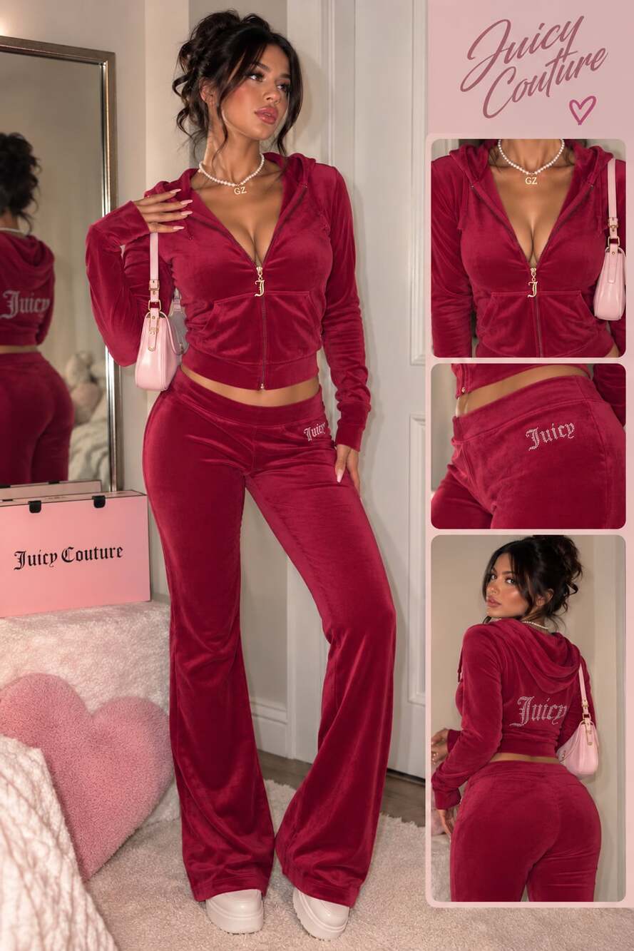 M Juicy Couture Red Velour Rhinestone Tracksuit Crop Zip Hoodie-Pants Set M NWOT
